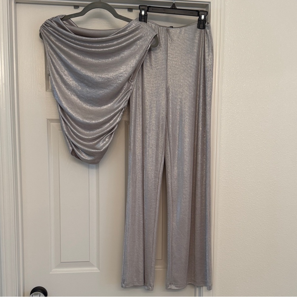 Zara Metallic Silver Draped Top & Wide-Leg Pants